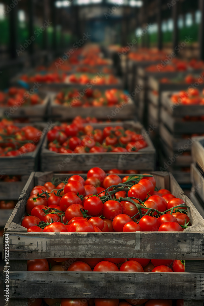 Tomatoes harvested in wooden boxes in a warehouse. Natural organic vegetable abundance. Healthy and natural food storing and shipping concept. Tomatoes harvested in wooden boxes in a warehouse. Natural organic vegetable abundance. Healthy and natural food storing and shipping concept.