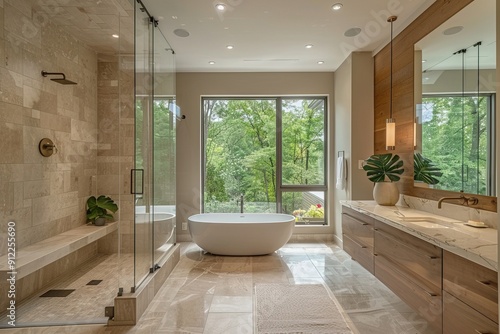 A large bathroom with a bathtub and a shower stall photo