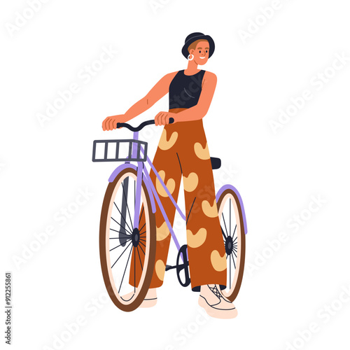 Happy modern girl in bicycle ride. Young woman in stylish fashion outfit, enjoying cycling. Attractive female cyclist on bike, trendy style. Flat vector illustration isolated on white background
