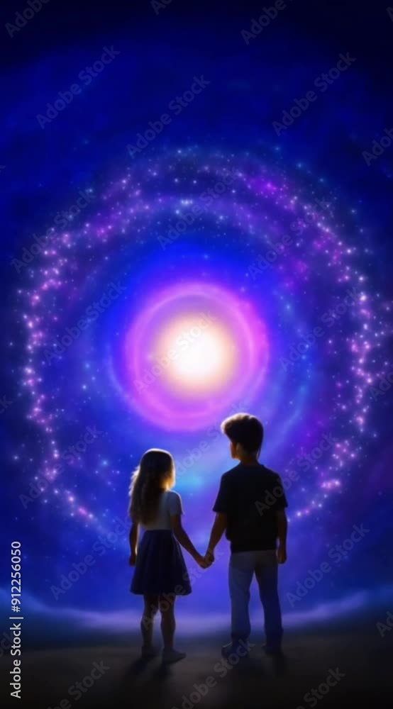 Children Holding Hands Gazing at a Cosmic Vortex in a Starry Night Sky Children Holding Hands Gazing at a Cosmic Vortex in a Starry Night Sky