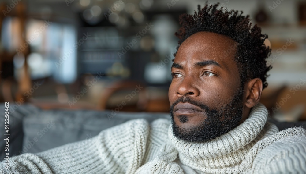 A man sitting on a couch, staring at the floor, lost in thought and worry A man sitting on a couch, staring at the floor, lost in thought and worry
