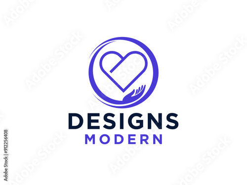 Abstract Health Care Logo. Blue Gradient Circle Shape with Negative Space Heart Icon and Two Hands Symbol inside.