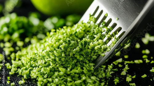 Macro shot of lime zest being grated, showcasing the vibrant green peels and fine texture, with the zester in soft focus photo