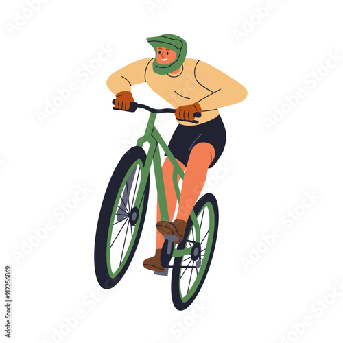 Extreme bicycle ride. Young happy man performing wheel hop, trick, cycling mountain bike. Excited joyful cyclist in helmet, enjoying action. Flat vector illustration isolated on white background