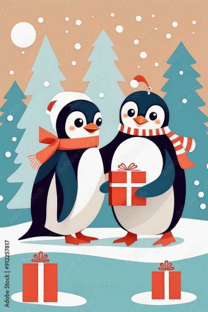 Obraz premium Retro aesthetic greeting card with cartoon character penguins, colorful confetti and Christmas snow scene.