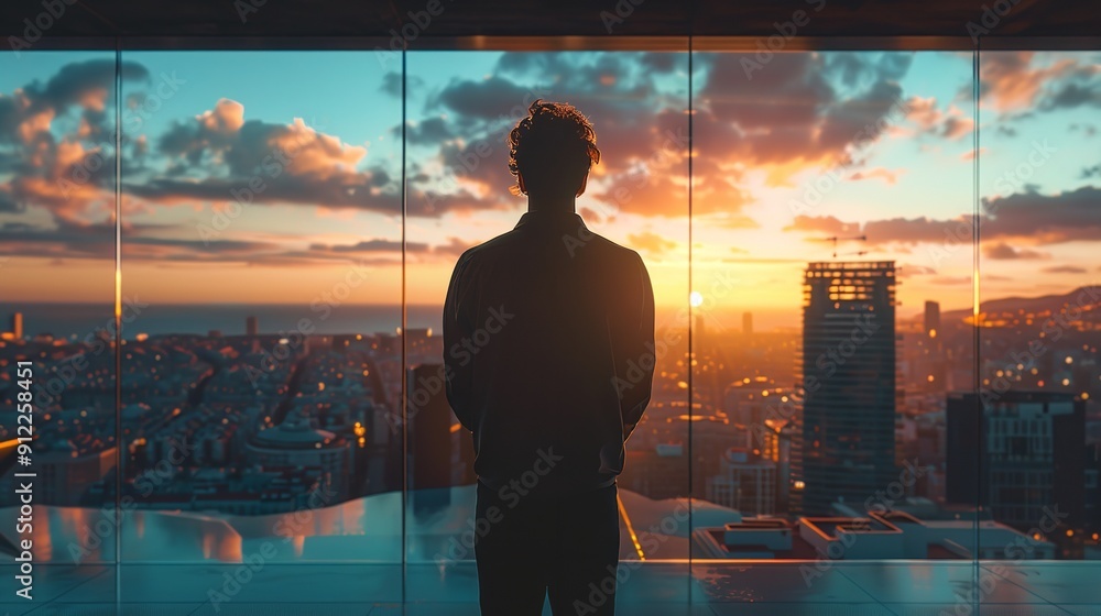 A lone man stands captivated by the urban cityscape against a vivid twilight sky, contemplating life or future A lone man stands captivated by the urban cityscape against a vivid twilight sky, contemplating life or future