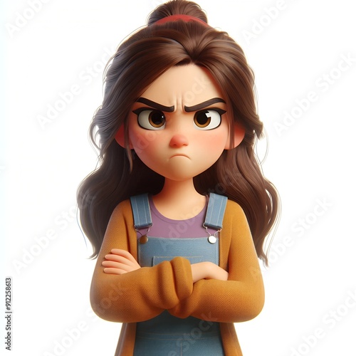 3d charachter  a young woman angry person portrait, white background. Human people feelings expression concept