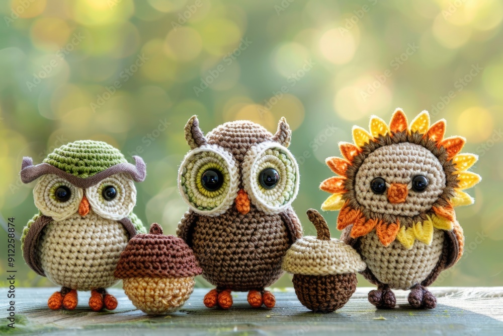 Fototapeta premium Charming Autumn-Themed Crocheted Owls for Seasonal Decor, Craft Projects, and Gifts