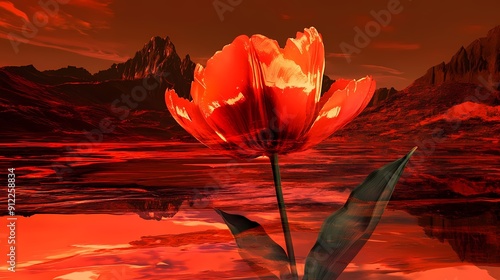 tulip with mountain, monumental, Clockpunk, Gloomcore, wide shot, Simulation, Motion blur, Mosaic, orange colors, Dreamlike, film noir lighting, Studio quality photo