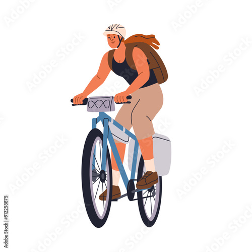 Woman riding bicycle. Happy young cyclist in helmet with backpack, outdoor adventure, travel. Female enjoying active trip, cycling on bike. Flat vector illustration isolated on white background