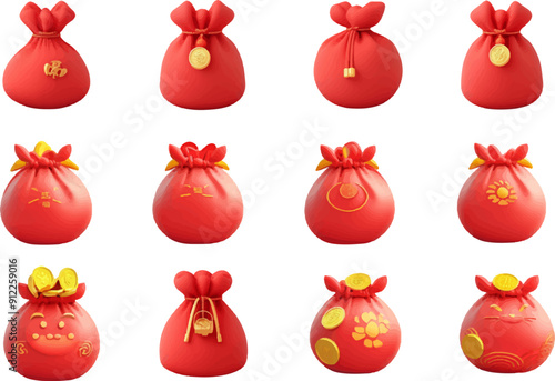 3D icon set of a red lucky bag with gold coins on a white background