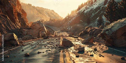 Mountain Landslide Causes Road Blockage with Large Rocks photo