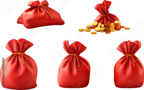 3D icon set of a red lucky bag with gold coins on a white background