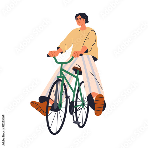 Happy joyful cyclist having fun during bike ride. Carefree character enjoying bicycle travel, leisure activity. Smiling modern person cycling. Flat vector illustration isolated on white background
