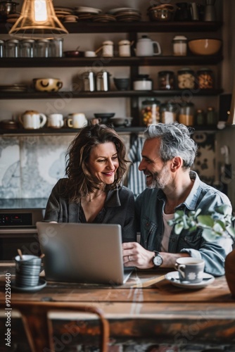 A couple enjoys a tranquil morning sharing coffee and laughter in their cozy kitchen