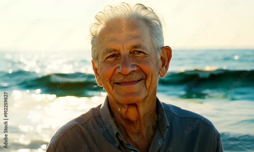 Portrait of senior man standing in front of the ocean and smiling Portrait of senior man standing in front of the ocean and smiling