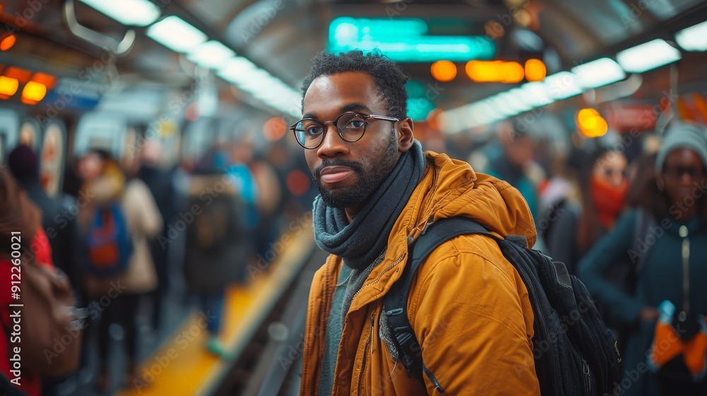 A man standing in a crowded subway, feeling claustrophobic and anxious A man standing in a crowded subway, feeling claustrophobic and anxious