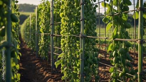 rows of peas climbing trellis background farm concept backdrop 3 photo