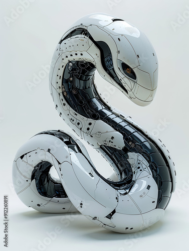 Futuristic AI Robot Shaped Like Serpent, Coiled and Poised to Strike, Plain White Background photo