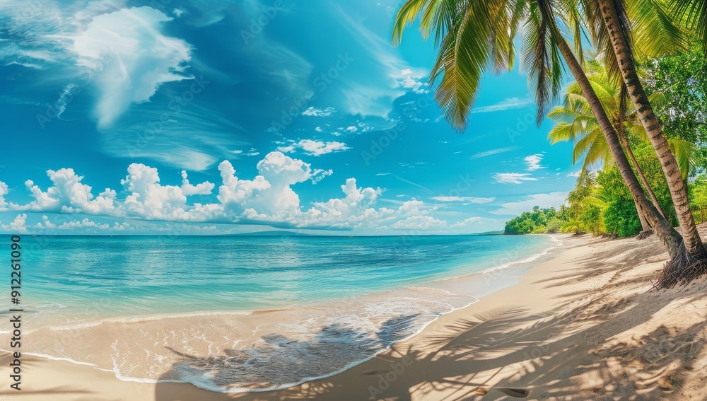 Fototapeta premium Tropical Beach with Palm Trees and Clear Blue Water