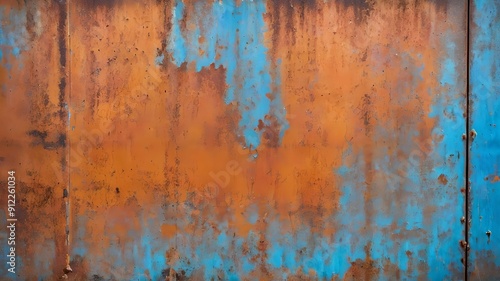 Rusty orange blue steel wall texture. Grunge metal background