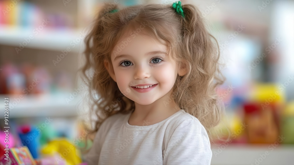 A cheerful girl with curly hair smiles brightly while holding toys in a colorful playroom. A cheerful girl with curly hair smiles brightly while holding toys in a colorful playroom.
