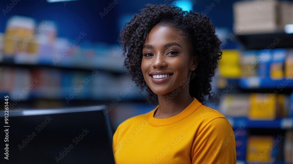 A cheerful woman in an orange shirt smiles confidently in a workspace filled with colorful boxes and shelves. A cheerful woman in an orange shirt smiles confidently in a workspace filled with colorful boxes and shelves.