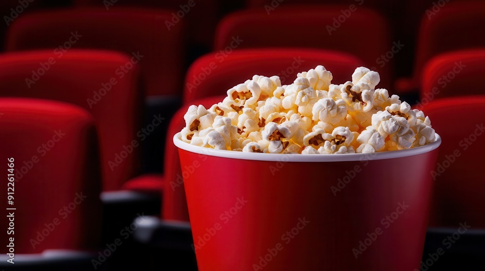 A close-up of delicious popcorn in a red cup, set against the backdrop of a movie theater with empty seats. A close-up of delicious popcorn in a red cup, set against the backdrop of a movie theater with empty seats.