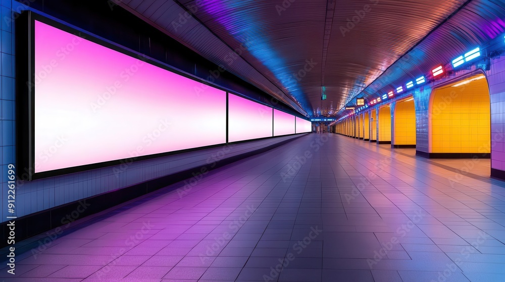 A modern subway tunnel with vibrant illuminated walls, showcasing colorful lights and digital screens for urban aesthetics. A modern subway tunnel with vibrant illuminated walls, showcasing colorful lights and digital screens for urban aesthetics.