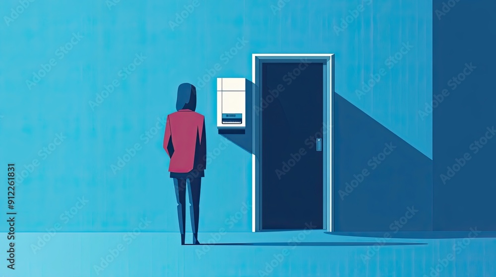 Fototapeta premium A Woman Standing Before a Closed Door