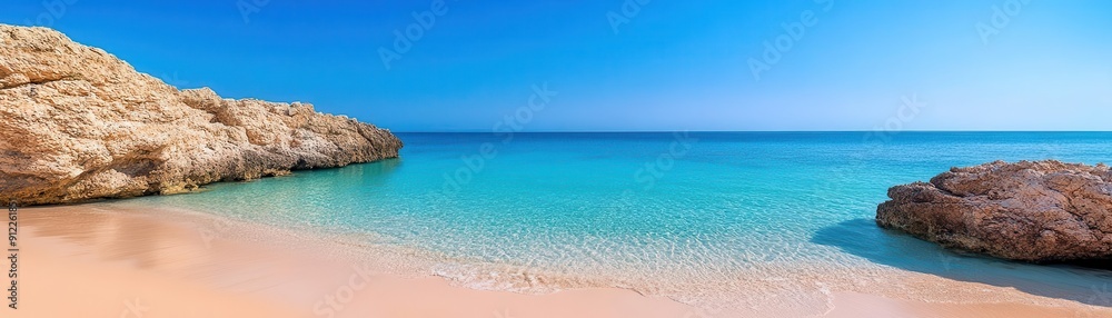 A serene beach scene capturing crystal clear waters and soft sand, perfect for relaxation and vacation imagery. A serene beach scene capturing crystal clear waters and soft sand, perfect for relaxation and vacation imagery.