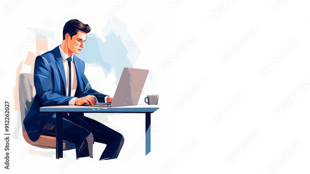 Businessman working on a laptop at a desk with plants, in a modern office setting. Ideal for depicting professional work environments, remote work, HR materials, and freelance or employment-related Businessman working on a laptop at a desk with plants, in a modern office setting. Ideal for depicting professional work environments, remote work, HR materials, and freelance or employment-related