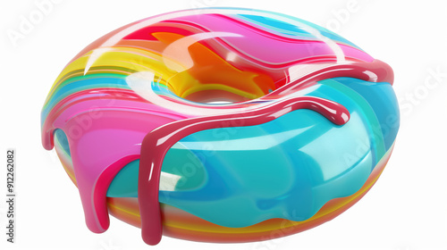 Glossy Melting Donut 3D Render in Vibrant Colors with Hole, Isolated on White Background photo