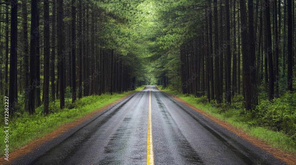 Obraz premium Scenic drive through pine forest with a river running parallel, nature s harmony