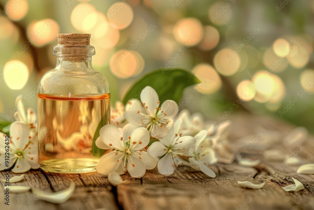 neroli essential oil still life delicate orange blossoms surrounding glass bottle of oil soft natural lighting on rustic wooden surface creates warm inviting atmosphere neroli essential oil still life delicate orange blossoms surrounding glass bottle of oil soft natural lighting on rustic wooden surface creates warm inviting atmosphere