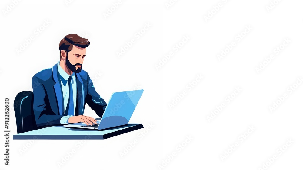 Businessman working on a laptop at a desk with plants, in a modern office setting. Ideal for depicting professional work environments, remote work, HR materials, and freelance or employment-related Businessman working on a laptop at a desk with plants, in a modern office setting. Ideal for depicting professional work environments, remote work, HR materials, and freelance or employment-related