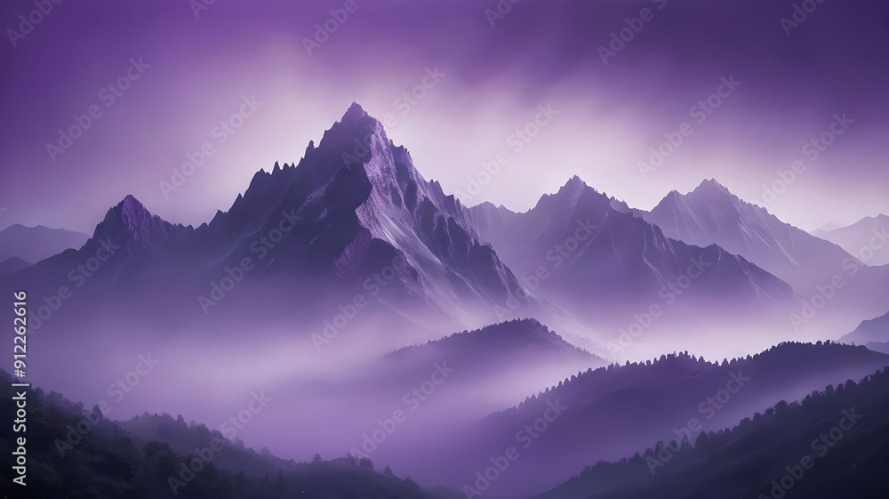 Obraz premium Majestic mountains shrouded in purple mist create a mystical landscape. The concept of nature, tranquility and mystery.,