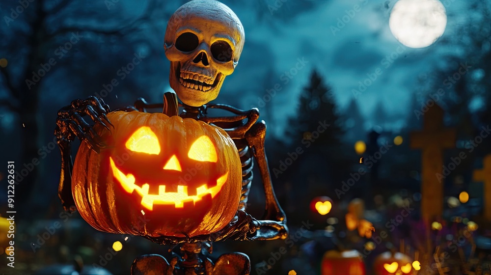 A Skeleton Holding a Lit Jack-o'-Lantern in a Spooky Forest Setting A Skeleton Holding a Lit Jack-o'-Lantern in a Spooky Forest Setting