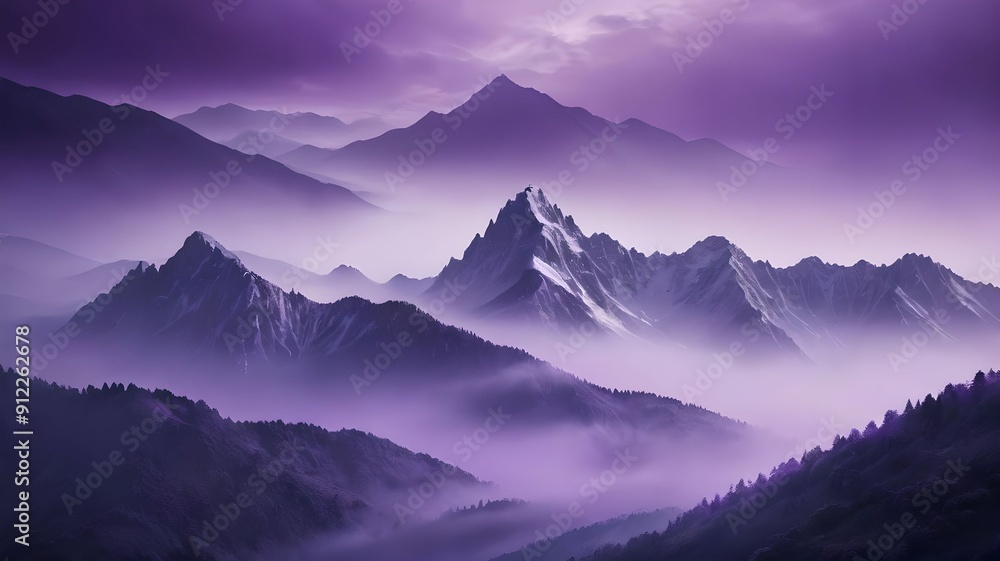 Majestic mountains shrouded in purple mist create a mystical landscape. The concept of nature, tranquility and mystery., Majestic mountains shrouded in purple mist create a mystical landscape. The concept of nature, tranquility and mystery.,