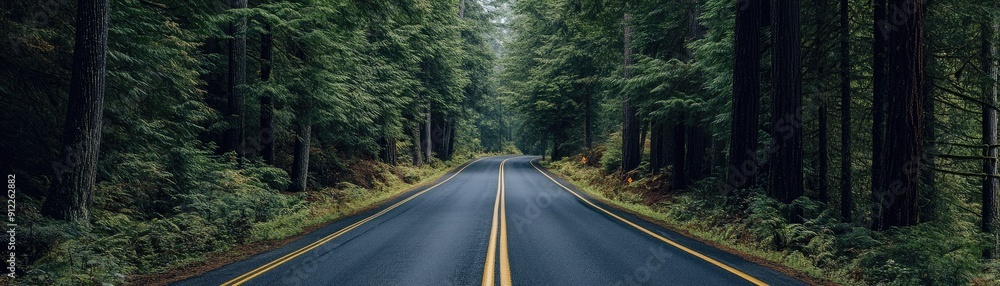 Fototapeta premium Road disappearing into the distance among tall pines, endless possibilities