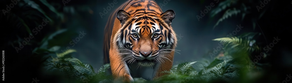 Majestic tiger prowling through dense jungle foliage, showcasing its powerful presence and striking orange and black fur. Majestic tiger prowling through dense jungle foliage, showcasing its powerful presence and striking orange and black fur.