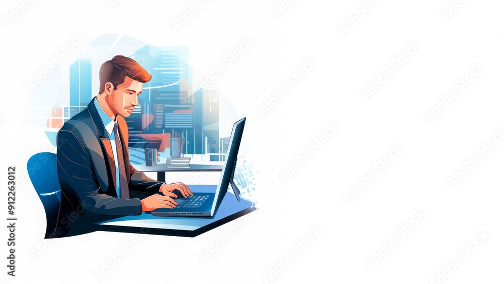 Businessman working on a laptop at a desk with plants, in a modern office setting. Ideal for depicting professional work environments, remote work, HR materials, and freelance or employment-related Businessman working on a laptop at a desk with plants, in a modern office setting. Ideal for depicting professional work environments, remote work, HR materials, and freelance or employment-related
