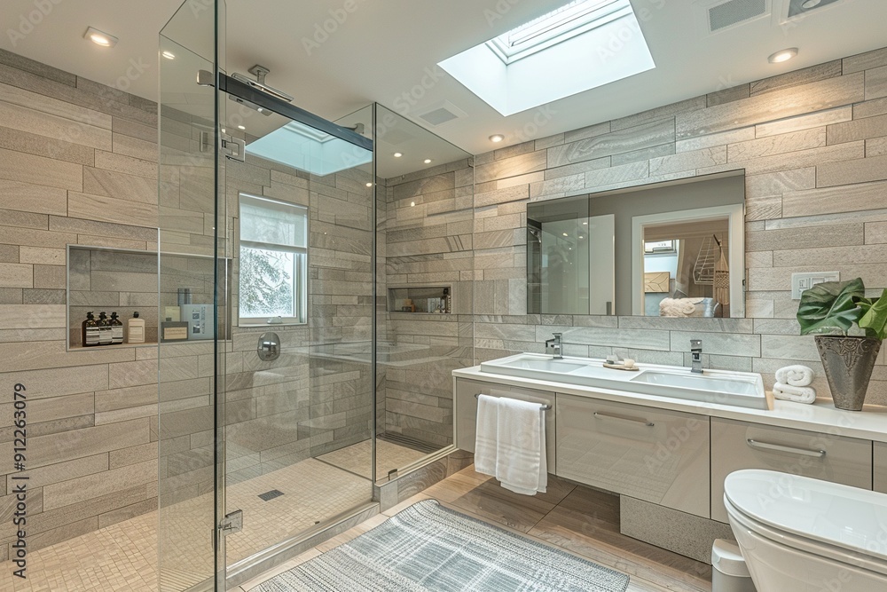 Fototapeta premium A bathroom with a glass shower stall and a large mirror