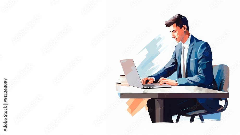 Businessman working on a laptop at a desk with plants, in a modern office setting. Ideal for depicting professional work environments, remote work, HR materials, and freelance or employment-related 