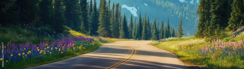 Road with pine trees and wildflowers on the side, colorful and vibrant Road with pine trees and wildflowers on the side, colorful and vibrant