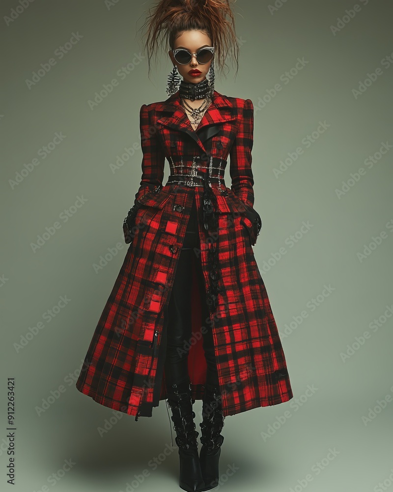 Fashion Model Showcasing Red Plaid Coat in Studio Setting Fashion Model Showcasing Red Plaid Coat in Studio Setting