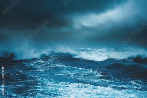 ominous seascape with roiling dark clouds and turbulent waves eerie blue light misty atmosphere sense of foreboding