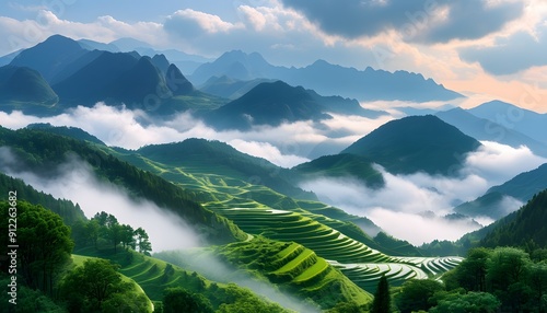 Jiugongge displays the magnificent natural scenery of mountains, clouds and terraces. photo