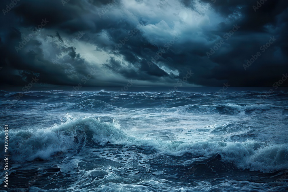 Obraz premium ominous seascape with roiling dark clouds and turbulent waves eerie blue light misty atmosphere sense of foreboding