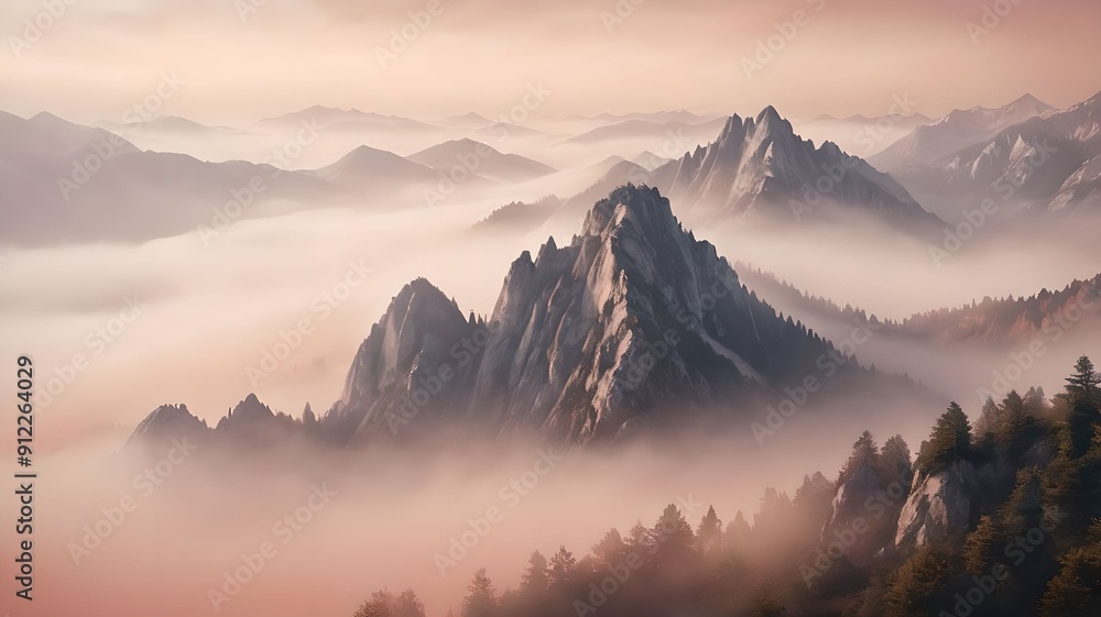 Obraz premium Majestic mountains shrouded in peach mist creating a mystical landscape. The concept of nature, tranquility and mystery.